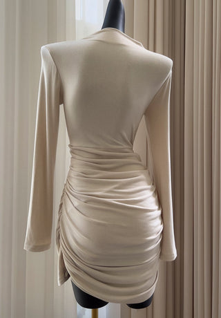 Cream Long-Sleeve Draped Mini Dress with Rhinestone Detail
