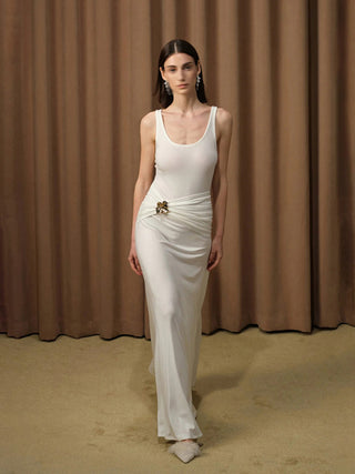 Sleeveless Stretch Maxi Dress with Side Draping & Floral Brooch