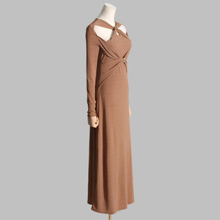 Gold Accent Cutout Long Sleeve Long Dress