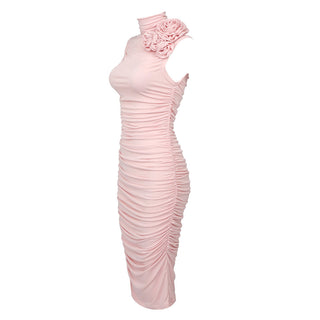 Pink Petal Sleeveless High Neck Flower Midi  Dress
