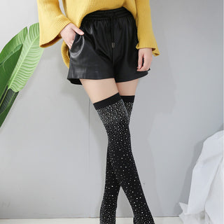Mesh Thigh-High Boots with Rhinestone Detailing and Stiletto Heel