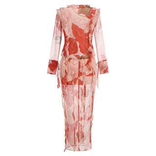 Sheer Mesh Sleeve Skirt  Print Set