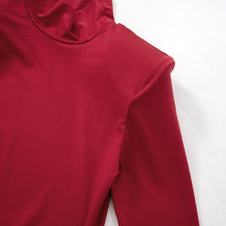 Elegant Red Long-Sleeve Evening Dress with Shoulder Pads and Ruched Hip Detail - Fishtail Maxi Gown