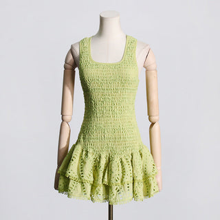 Ruffled Embroidered Sleeveless Mini Dress