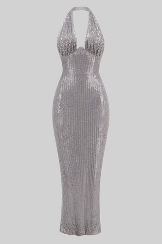 Sequin Halter Neck Maxi Dress – Backless, Bodycon Fit