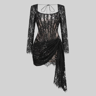 Elegant Black Lace Draped Corset -Long Sleeves Mini Dress