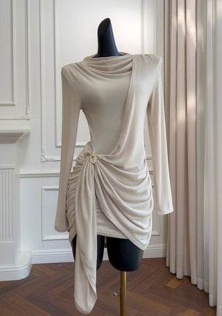 Cream Long-Sleeve Draped Mini Dress with Rhinestone Detail