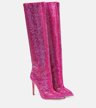 Rhinestone Knee High Boots with Pointed Toe and Stiletto Heel