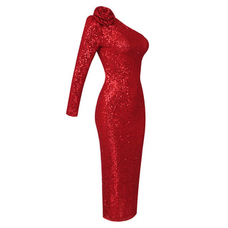 Red Cascade Sequin One Shoulder Long Dress