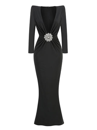 Elegant Long Sleeve V Neck Long Dress
