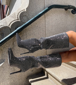 Rhinestone Knee High Boots with Pointed Toe and Stiletto Heel