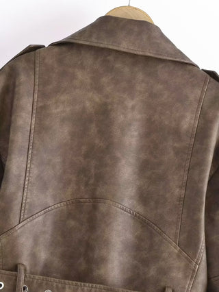 Retro Cropped Leather Jacket with Belt