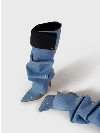 Denim Knee-High Boots with Leather Cuff and Stud Detailing