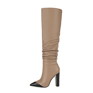 Leather Knee High Boots with Pointed Toe and Block Heel