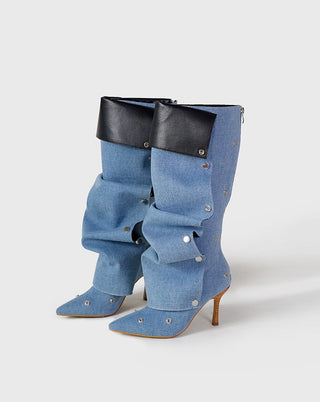 Denim Knee-High Boots with Leather Cuff and Stud Detailing