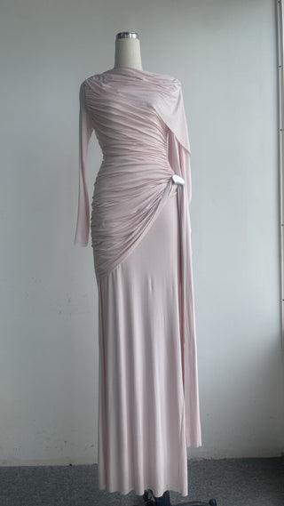 Classic Draped Fit Stretch Fabric Long Sleeve Dress