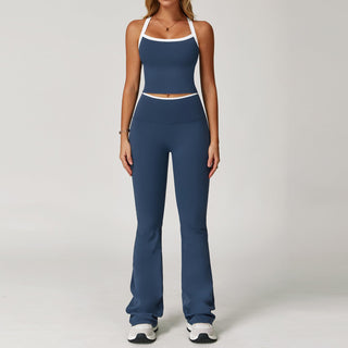 Contrast Trim Racerback Sports Set – Crop Tank & Flared High-Waist Leggings