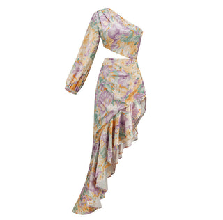 One-Shoulder Long Sleeve  Slit Long Dress