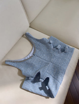 Sleeveless Blue Tweed Mini Dress with Bow Accents and Embellished Neckline