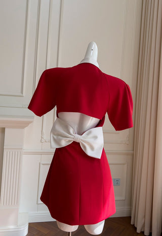 Red Short-Sleeve Bow-Back Mini Dress