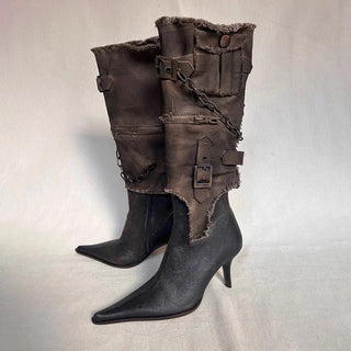 Distressed Leather Mid-Calf Boots with Buckle and Chain Detailing