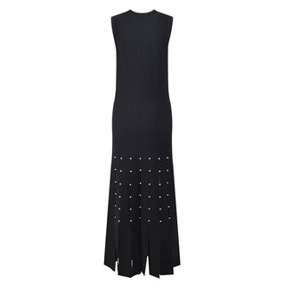 Sleeveless Ribbed Knit Maxi Dress – Pearl-Studded Slit Hem Design