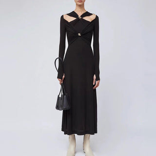 Gold Accent Cutout Long Sleeve Long Dress