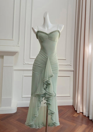Elegant Sleeveless Long Mesh Dress with Ruffled Details