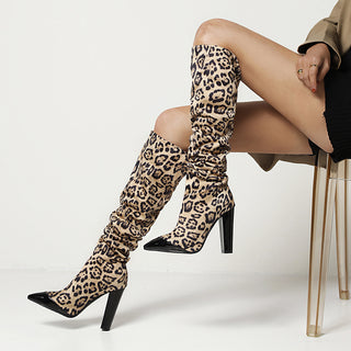 Leather Knee High Boots with Pointed Toe and Block Heel