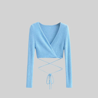 Slim Fit V-Neck Wrap-Around Long Sleeve Crop Top