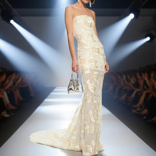 Strapless 3D Floral Mesh Gown with Train