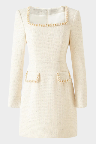 Pearl Trim Tweed Long Sleeve Square Neck Dress