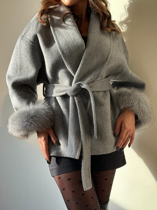 Double-Faced Wool Coat with Fur Cuffs - Mid-Length, Belted Wrap Coat
