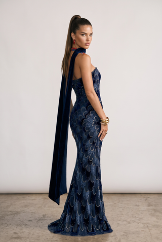 Shimmer Petal Sleeveless Long Dress with Draped Scarf