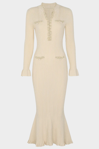 Ribbed Knit Long Dress with Pearl Trim Details & Long Sleeves