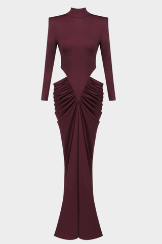 Ruched High-Neck Long Sleeve Long Dress