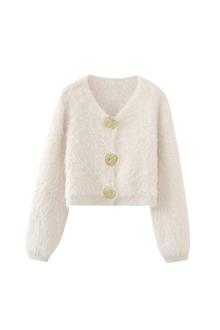Long Sleeve Fluffy Knit Cardigan with Gold Button Detail