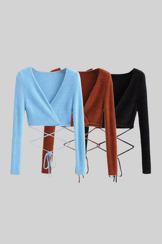 Slim Fit V-Neck Wrap-Around Long Sleeve Crop Top