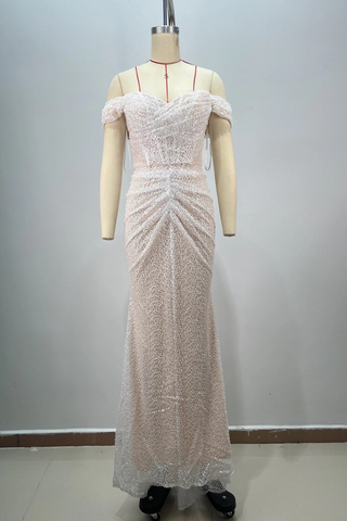 Off-Shoulder Sequin Draped & Ruched Long Evening Dress