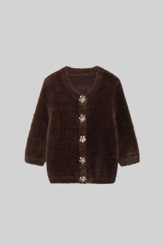 Faux Fur Cardigan Top with Floral Button Detailing