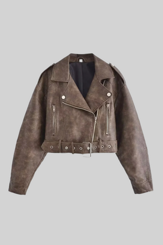 Retro Cropped Leather Jacket with Belt