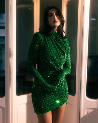 Long Sleeve High Neck Sequin Mini Dress