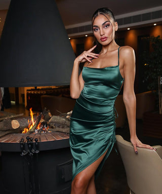 Emely Sleeveless Satin Backless Midi Dress