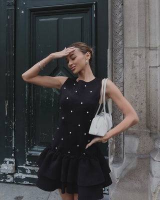 Sleeveless Pearl-Embellished Mini Dress with Layered Ruffled Hem