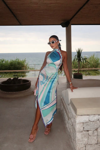 Two-Piece Satin Halter Top and Asymmetric Skirt Set with Abstract Print