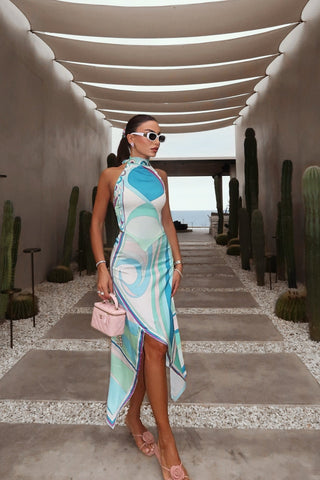 Two-Piece Satin Halter Top and Asymmetric Skirt Set with Abstract Print