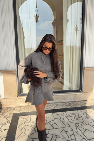 Two-Piece Wool Blend Set with Ruffled Collar Top and Flared Mini Skirt