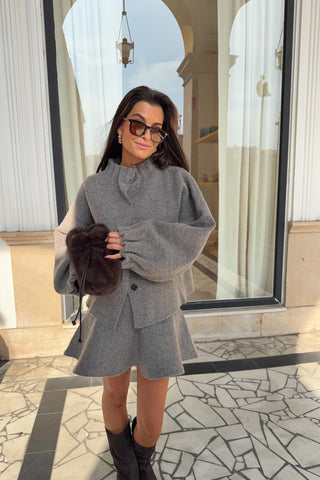 Two-Piece Wool Blend Set with Ruffled Collar Top and Flared Mini Skirt