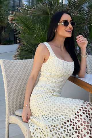 Crystal Embellished Sleeveless Crochet Long Dress with Lining