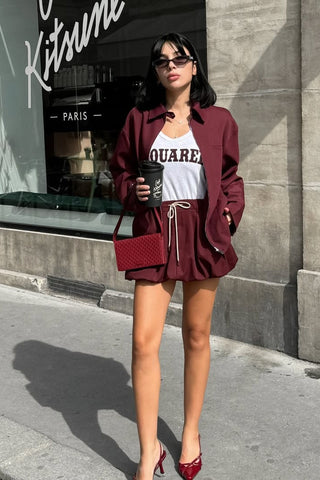 Burgundy Oversized Jacket and Bubble Skort Set